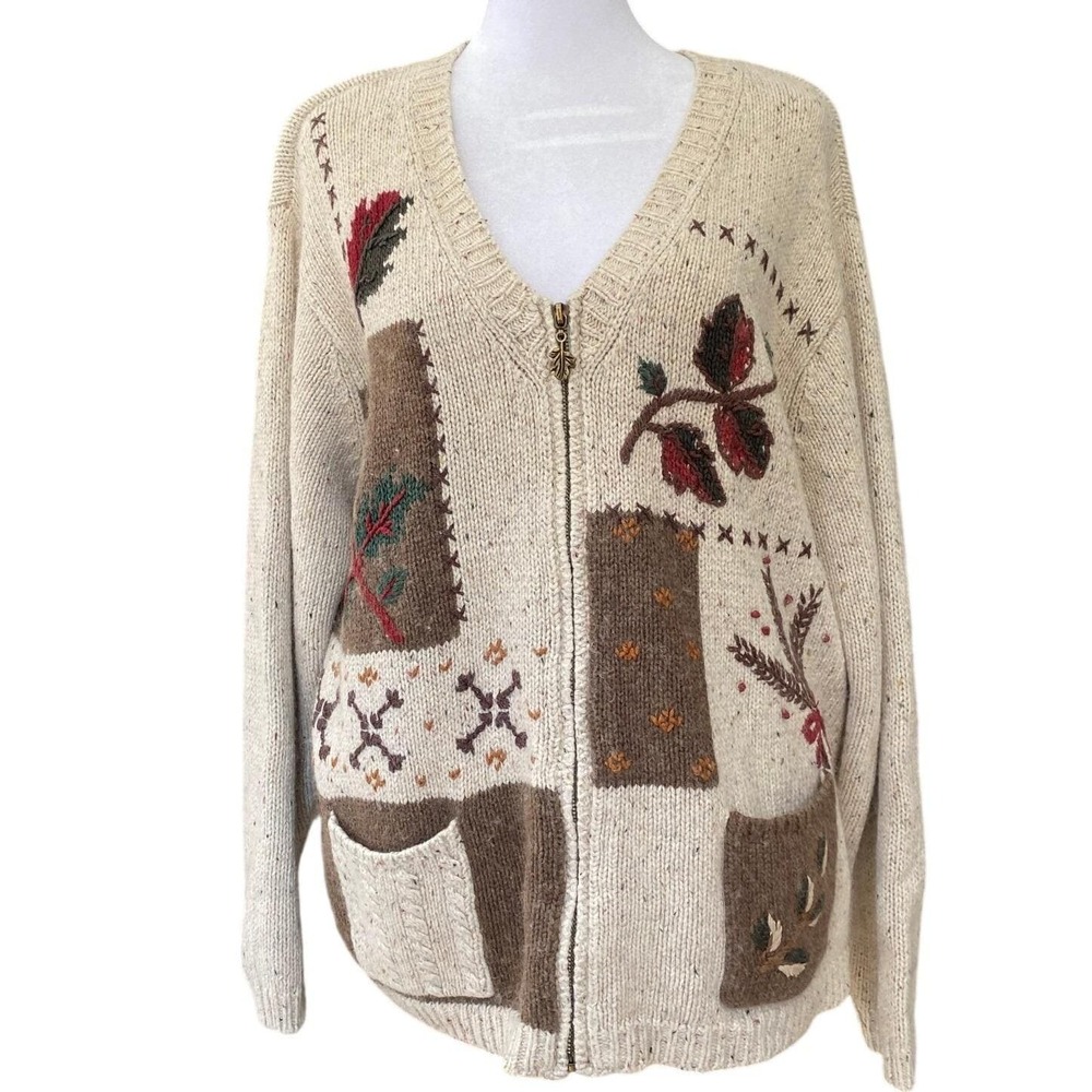 Vintage 1990s Patchwork Embroidered Cream Cardigan Sweater Large Granola Coastal - Picture 2 of 8